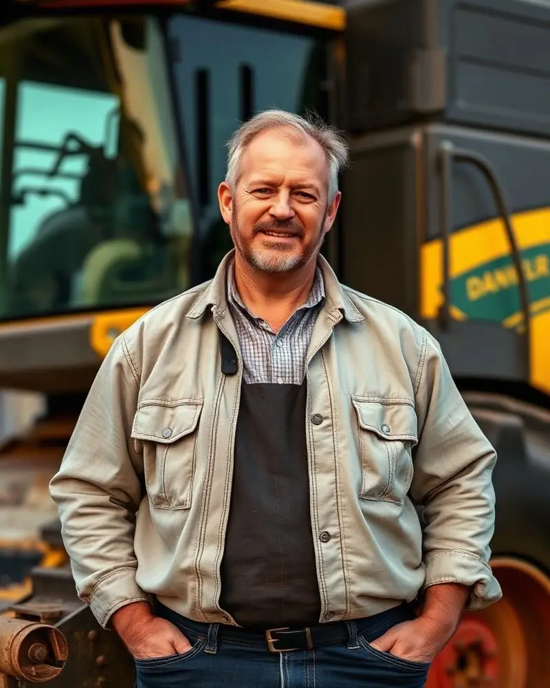 Miguel Ontiveros, an agricultural equipment technician beside a combine