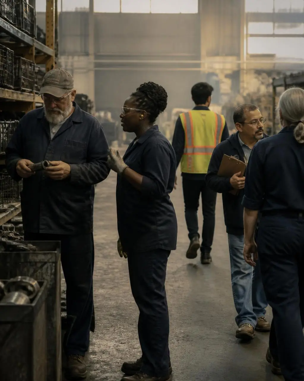 Workers at shift change on a plant floor